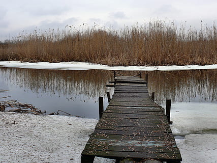 kalt, Dock, Eis, Teich, Reflexion, Fluss, Schnee, Wasser, Winter, Ruhe, See, kalte Temperatur, Schönheit in der Natur, ruhige Szene, keine Leute, Szenen - Natur, Natur, Holz - Material, wolke - himmel, Himmel, Tag, Richtung, Nicht-städtische Szene, Baum, draußen, 2K, CC0, gemeinfrei, lizenzfrei