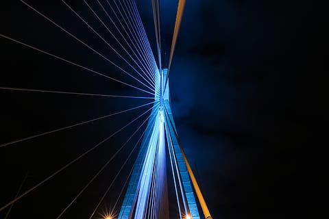 architecture details, bridge, night, Abstract, architecture, details, at night, illuminated, blue, glowing, speed, backgrounds, dark, light - Natural Phenomenon, lighting Equipment, blurred Motion, traffic, shiny, transportation, light trail, technology, motion, long exposure, no people, built structure, sky, outdoors, nature, connection, the way forward, bridge - man made structure, laser, 4K, CC0, public domain, royalty free