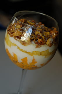 dessert, parfait, trifle, mango, pineapple, food, sweet, glass, food and drink, freshness, drink, refreshment, close-up, indoors, glass - material, household equipment, drinking glass, no people, focus on foreground, transparent, still life, table, indulgence, ready-to-eat, cold temperature, alcohol, temptation, 2K, CC0, public domain, royalty free