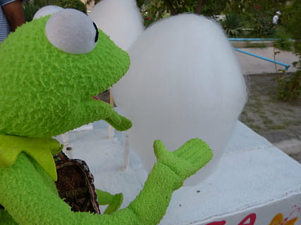 Kermit, frø, candyfloss, købe, spise, sød, vinter, grøn farve, tæt på, kold temperatur, repræsentation, dag, en person, sne, natur, tøjdyr, portræt, hovedskud, høj vinkel visning, barndom, bedrift, udendørs, Kunst og håndværk, varme tøj, 4K, CC0, offentligt domæne, royaltyfrie