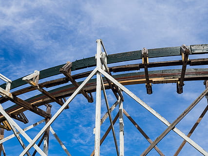 Blau, hölzern, Achterbahn, Spuren, blauer Himmel, Weiß, Holz, Vergnügungspark, Wolken, Objekte, Himmel, Sommer-, Baugewerbe, stehlen, Baurahmen, die Architektur, wolke - himmel, draußen, Tag, Flachwinkelansicht, Metall, gebaute Struktur, Natur, Holz - Material, keine Leute, Verbindung, Sonnenlicht, Zaun, Muster, Barriere, Schutz, Grenze, Sicherheit, Träger, 4K, CC0, gemeinfrei, lizenzfrei