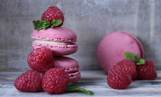 three, pink, macaroons, raspberries, macarons, mint, pastries, french pastries, tender, fruits, red fruits, meringue pastries, double biscuits, cream layer, almond meringue, cookies, biscuits, sweetness, pink macarons, brand, nibble, map, postcard, greeting card, invitation card, pastel, pastellfarben, food, berry fruit, freshness, food and drink, still life, table, healthy eating, strawberry, no people, close-up, wood - material, fruit, focus on foreground, indoors, wellbeing, ready-to-eat, sweet food, stack, temptation, red, macaroon, 5K, CC0, public domain, royalty free