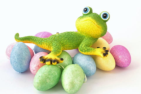 easter eggs, easter, easter egg, colorful, happy easter, decoration, color, egg, gecko spring, easter greeting, funny, toy, representation, studio shot, still life, stuffed toy, animal representation, indoors, white background, no people, art and craft, animal, close-up, animal themes, green color, creativity, multi colored, frog, cut out, toy animal, 2K, CC0, public domain, royalty free