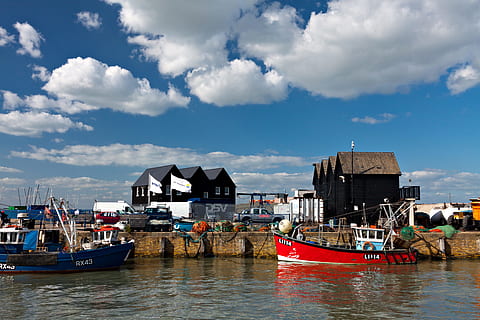 harbour., captured, Classic, English harbour, Image, Whitstable, Kent, England, various, boat, clouds, coast, nautical Vessel, harbor, water, fishing Industry, outdoors, sea, uK, cloud - sky, transportation, moored, mode of transportation, sky, waterfront, nature, architecture, day, building exterior, built structure, building, incidental people, fishing boat, passenger craft, 4K