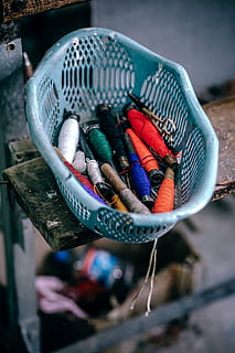 threads, blue, plastic basket, yarn, thread, tray, sew, tie, industrial, factory, blur, multi colored, no people, fishing tackle, close-up, indoors, day, variation, art and craft, choice, focus on foreground, animal, large group of objects, creativity, for sale, container, fish, fishing, selective focus, high angle view, animal themes, seafood, fishing industry, 5K, CC0, public domain, royalty free