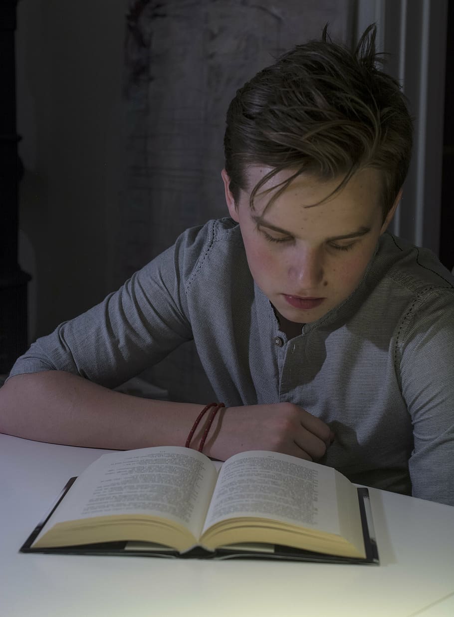 noi, portar, gris, llibre de lectura de camisa de henley, aprenentatge, llibre, educació, escola, infància, aprendre els nens, nens de l'escola, jove, a l'interior, concepte d’aprenentatge, estudiar, centrat, coneixement, persona, grau, lliçó, escolars, lectura, homes, estudiant, gent, ètnia caucàsica, una persona, universitat, publicació, adult jove, activitat, assegut, persones reals, home jove, estils de vida, roba casual, taula, vista frontal, activitat d'oci, concentració, adolescent, nois adolescents, contemplació, 5K