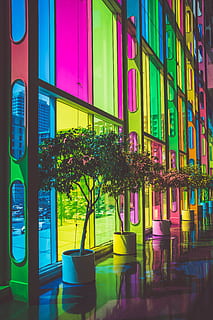 photo, green, leafed, plants, inside, building, multicolored glass building, potted plant, color, window, tree, glass, rainbow, architecture, night, reflection, urban Scene, glass - Material, modern, blue, business, built Structure, building exterior, green color, no people, multi colored, plant, pink color, city, illuminated, transparent, outdoors, decoration, nature, purple, nightlife, flower pot, 4K, CC0, public domain, royalty free