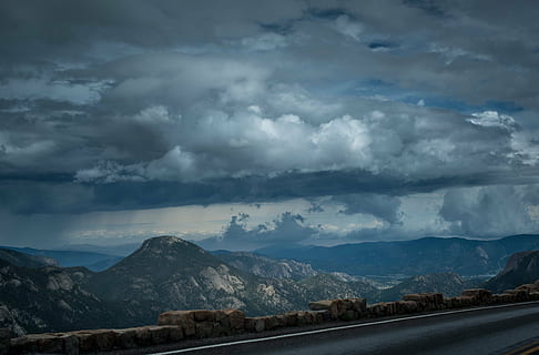 asphalt, clouds, cloudy, highway, landscape, lane, mountains, nature, pathway, road, rocks, rocky mountains, scenic, sky, tarmac, way, cloud - sky, mountain, beauty in nature, mountain range, scenics - nature, environment, storm, transportation, no people, tranquility, storm cloud, tranquil scene, non-urban scene, dramatic sky, overcast, outdoors, ominous, 4K, CC0, public domain, royalty free