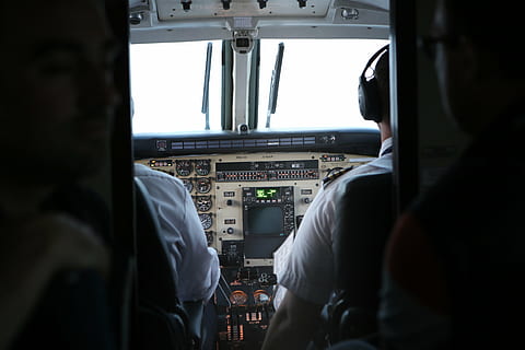 airplane, dashboard, flying, pilot, plane, cockpit, control, air vehicle, transportation, mode of transportation, vehicle interior, rear view, control panel, travel, technology, windshield, two people, expertise, men, glass - material, occupation, day, skill, co-pilot, uniform, 5K, CC0, public domain, royalty free
