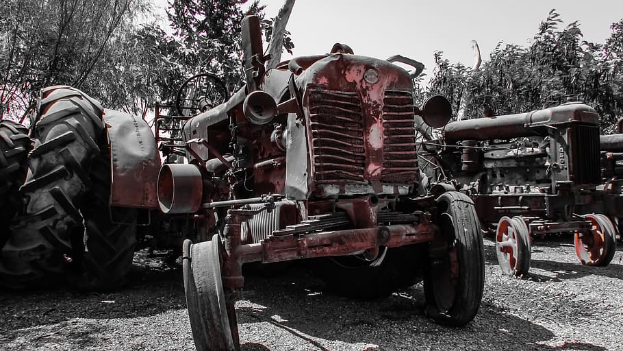 tractor, vell, rovellat, maquinària, abandonat, destruït, resistent, decaïment, transport, manera de transport, arbre, dia, vehicle terrestre, planta, naturalesa, obsoleta, ciutat, cap gent, a l'aire lliure, aixafar, carrer, estacionari, terra, espatllat, roda, 4K