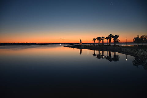 panoraminis, fotografija, medžiai, saulėtekis, švyturys, ežeras, atspindys, aušra, tamsus, Lake toho, kissimmee, Floridoje, saulėlydis, siluetas, dangus, vanduo, susiliejimas, ramybė, vaizdai - gamta, grožis gamtoje, ramioje scenoje, pobūdį, oranžinė spalva, nėra žmonių, medis, idiliškas, kopijavimo vietos, stovintis vanduo, lauke, debesis - dangus, 5K, CC0, Viešasis domenas, nemokamai