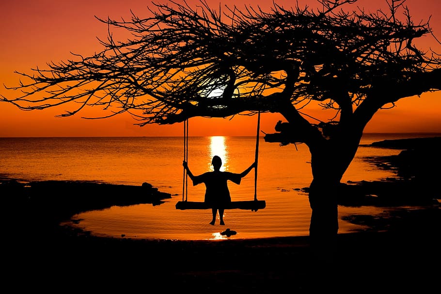 persona, silueta de swing, posta de sol, sol, cel de la nit, Sol ponent, abendstimmung, cel, resplendor, romàntic, vespre, taronja, aigua, mar, arbre, swing, rock, dona, noia, estètic, reservat, silueta, color taronja, planta, estils de vida, naturalesa, escenics - natura, bellesa a la natura, persones reals, activitat d'oci, una persona, longitud completa, de peu, terra, braç humà, braços aixecats, 1080P