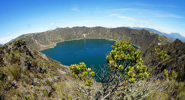himmel, caldera, skyer, vand, landskab, bjerg, jord, natur, miljø, scenics - natur, sø, vulkansk krater, blå, geologi, vulkan, skønhed i naturen, ingen mennesker, ikke-urbane scene, plante, rejse, udendørs, bjergtop, lagune, 1080P, CC0, offentligt domæne, royaltyfrie