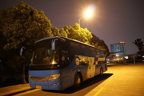 Nachtsicht, Busse, Licht, Transport, Transportmittel, Stadt, Baum, Pflanze, Landfahrzeug, die Architektur, Nacht-, Straße, öffentliche Verkehrsmittel, beleuchtet, Bus, Natur, Kraftfahrzeug, Bewegung, Gebäudehülle, Auto, draußen, unterwegs, keine Leute, 5K, CC0, gemeinfrei, lizenzfrei