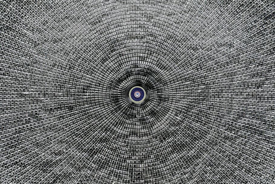 grå, sort, abstrakt, digital, tapet, bold, mål, hastighed, effekt, baggrunde, sort og hvid, illustration, mønster, cirkel, fuld ramme, form, ingen mennesker, design, arkitektur, geometrisk form, indendørs, tekstureret, kreativitet, bygget struktur, symmetri, metal, tekstil, direkte over, abstrakte baggrunde, loft, koncentriske, direkte under, 4K
