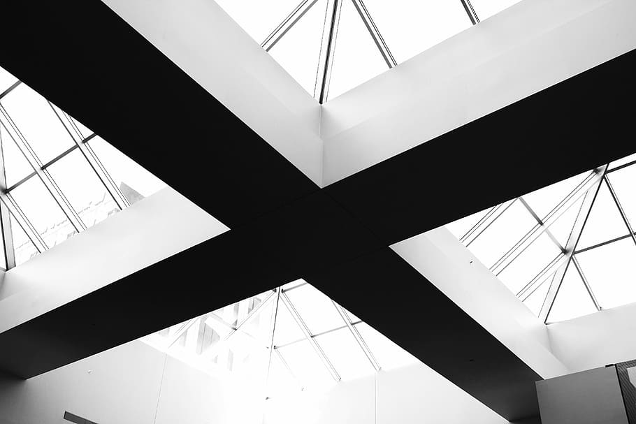sort, grå, loft, overfladisk, fokus linse fotografering, arkitekturfotografering, arkitektur, bygning interiør, tagvindue, design, indre, bygning, lav vinkel visning, bygget struktur, ingen mennesker, bro - menneskeskabt struktur, bro, transportmidler, forbindelse, himmel, bygning udvendig, metal, mønster, dag, natur, by, legering, udendørs, moderne, stål, bjælke, direkte under, 5K