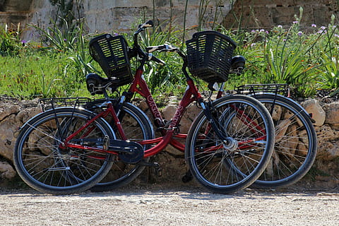 fietsen, duw fietsen, twee, fiets, vervoer, wiel, recreatie, wijze van transport, stationair, landvoertuig, fabriek, dag, geen mensen, natuur, buitenshuis, parkeren, groei, veld-, rood, land-, groene kleur, blad, afwezigheid, mand, 5K, CC0, publiek domein, royaltyvrij
