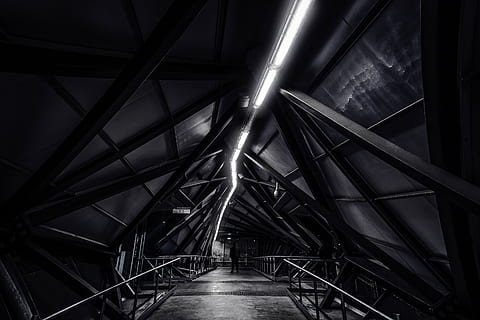 abstract, architecture, building, city, concrete, dark, evening, futuristic, geometry, hallway, indoors, light, modern, night, station, steel, steel and concrete structure, step, terminal, tube, tunnel, urban, built structure, metal, railing, illuminated, staircase, no people, diminishing perspective, low angle view, the way forward, lighting equipment, direction, steps and staircases, ceiling, connection, pattern, transportation, absence, directly below, light at the end of the tunnel, 4K
