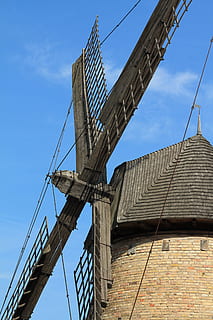 Mill, Wind, Excursion, Windmill, architecture, built Structure, sky, old, industry, building exterior, wood - material, low angle view, no people, nature, day, connection, blue, cable, outdoors, fuel and power generation, sunlight, clear sky, traditional windmill, brick wall, building, 4K, CC0, public domain, royalty free