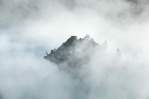 mountain, covered, fog, gray, rocks, trees, white, nature, cloud - Sky, outdoors, scenics, forest, landscape, sky, cloudscape, weather, mist, no people, day, beauty in nature, scenics - nature, tranquil scene, tranquility, land, environment, non-urban scene, tree, plant, smoke - physical structure, idyllic, 5K, CC0, public domain, royalty free