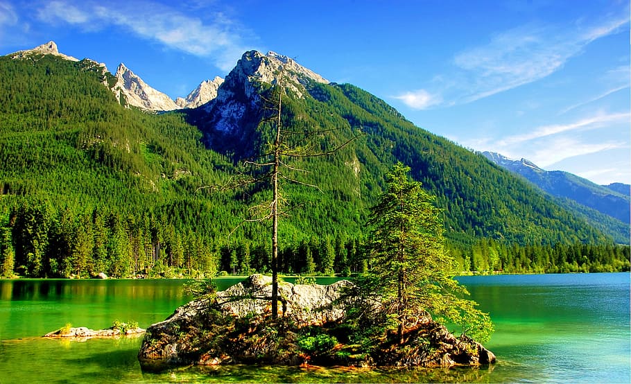 paisatge, naturalesa, festa, aigua, Alps, blau, núvols, la llum del dia, Alemanya, alt, hintersee, idil·li, llac, oci, humor, muntanya, a l'aire lliure, ramsau, rock, escènic, estiu, viatjar, arbres, vall, escenics - natura, bellesa a la natura, arbre, planta, escena tranquil·la, tranquil·litat, bosc, cel, reflexió, color verd, terra, Serra, escena no urbana, dia, idíl·lic, cap gent, arbre de coníferes, pi, bosc de pi, cim de muntanya, 2K