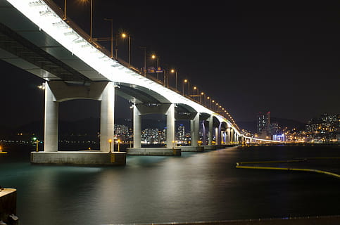 bridge, night view, hang bridge, illuminated, built structure, night, architecture, bridge - man made structure, water, connection, building exterior, architectural column, river, engineering, city, transportation, sky, reflection, waterfront, nature, outdoors, light, 4K, CC0, public domain, royalty free