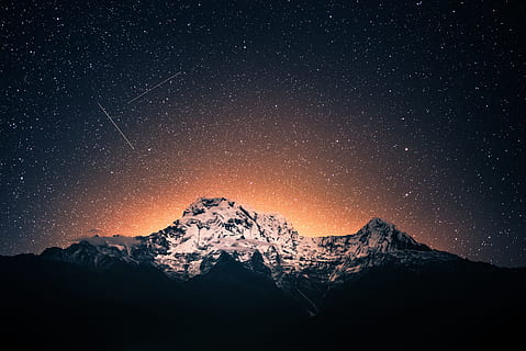 nature, landscape, mountain, clouds, sky, travel, adventure, trek, dark, night, stars, scenics - nature, beauty in nature, astronomy, snow, tranquility, tranquil scene, star - space, cold temperature, mountain range, space, snowcapped mountain, winter, idyllic, mountain peak, no people, outdoors, milky way, 4K, CC0, public domain, royalty free