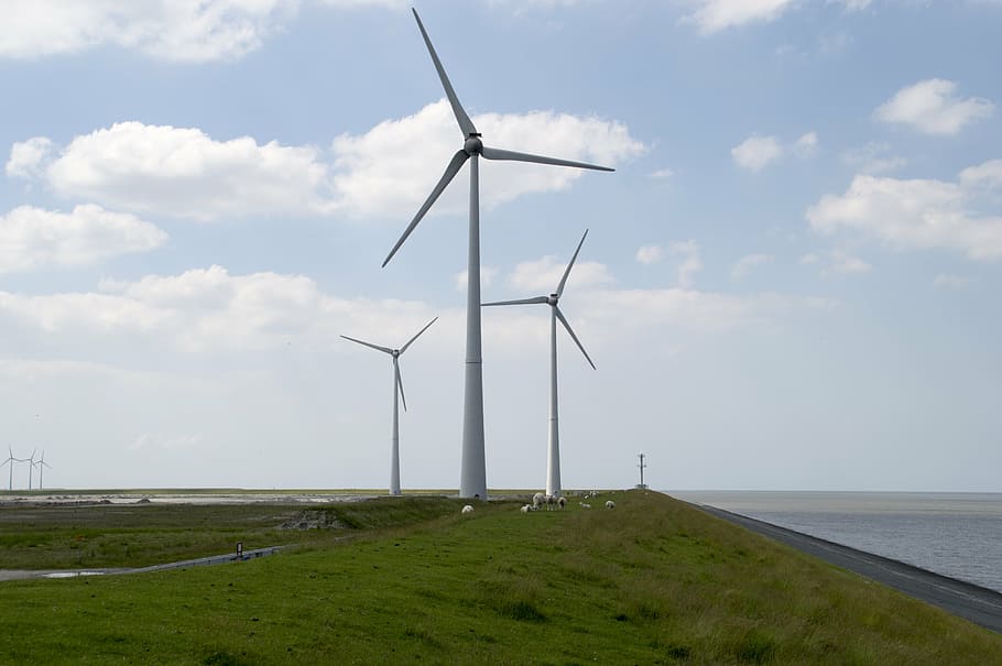 zeedijk, molins de vent, dic, Costa, aire, núvols, mar, cel blau, llum, blau, medi ambient, energia renovable, aerogenerador, conservació del medi ambient, turbina, energia eòlica, generació de combustible i energia, energia alternativa, cel, paisatge, herba, naturalesa, escenics - natura, terra, bellesa a la natura, camp, dia, núvol - cel, tecnologia, planta, a l'aire lliure, cap gent, recursos sostenibles, poder a la natura, 5K