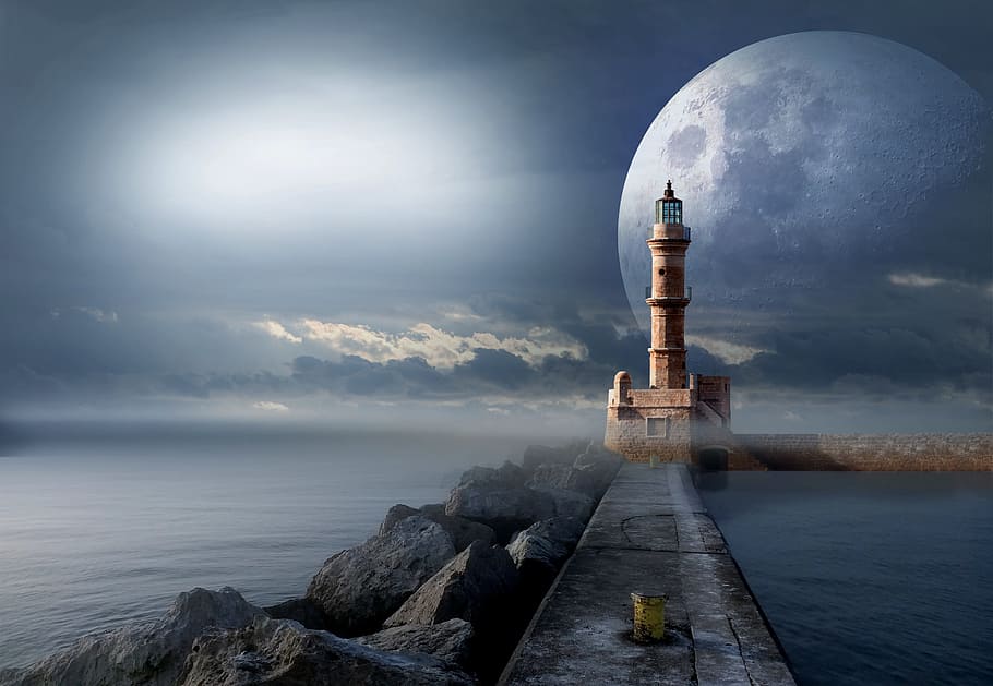 fotografie, šedá, maják, plný, měsíc ilustrace, signál, přístaviště, Věda, astronomie, prostor, planeta, nebe, vpřed, minulost, čas, cestování v čase, množství času, moře, pobřeží, Skála, u moře, skalnaté pobřeží, oceán, surfovat, voda, stavba, architektura, věž, mrak - nebe, exteriér budovy, Příroda, pevný, scenics - příroda, rock - objekt, vedení, horizont, ochrana, nikdo, směr, bezpečnostní, horizont nad vodou, venku, 2K