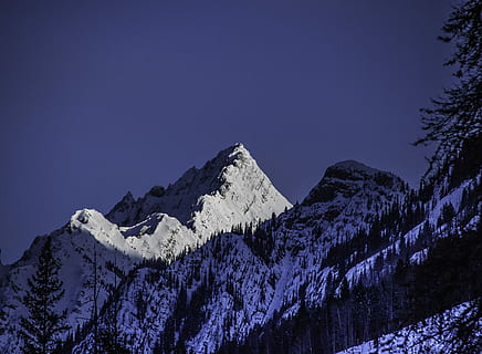 low-angle photography, white, mountain, snow, covered, daytime, winter, albertum, peaceful, shadow, blue hour, cold temperature, scenics - nature, mountain range, beauty in nature, snowcapped mountain, sky, nature, tranquility, environment, blue, tranquil scene, no people, tree, non-urban scene, forest, landscape, pine tree, coniferous tree, mountain peak, pine woodland, 5K, CC0, public domain, royalty free