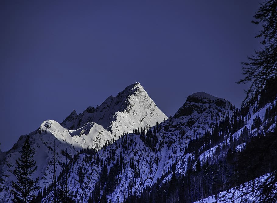 low-angle photography, white, mountain, snow, covered, daytime, winter, albertum, peaceful, shadow, blue hour, cold temperature, scenics - nature, mountain range, beauty in nature, snowcapped mountain, sky, nature, tranquility, environment, blue, tranquil scene, no people, tree, non-urban scene, forest, landscape, pine tree, coniferous tree, mountain peak, pine woodland, 5K