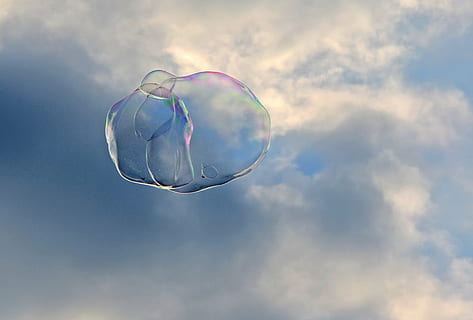 soap bubble, sky, shimmer, float, airy, weightless, fly, blow, cloud, background, blue, ease, cloud - sky, mid-air, bubble, nature, vulnerability, fragility, soap sud, flying, day, no people, bubble wand, outdoors, low angle view, multi colored, environment, beauty in nature, sunlight, wind, lightweight, softness, 2K, CC0, public domain, royalty free