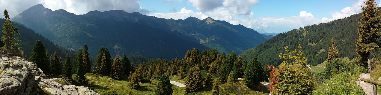 bjerge, panorama, alpine, landskab, bjerg, panoramisk, scenics - natur, bjergkæde, miljø, skønhed i naturen, natur, himmel, plante, sky - himmel, træ, klippe, dal, rejsemål, rejse, ingen mennesker, ødemark, jord, bjergtop, udendørs, fyrretræ, eviggrønne træ, nåletræ, fyrreskov, 5K, CC0, offentligt domæne, royaltyfrie