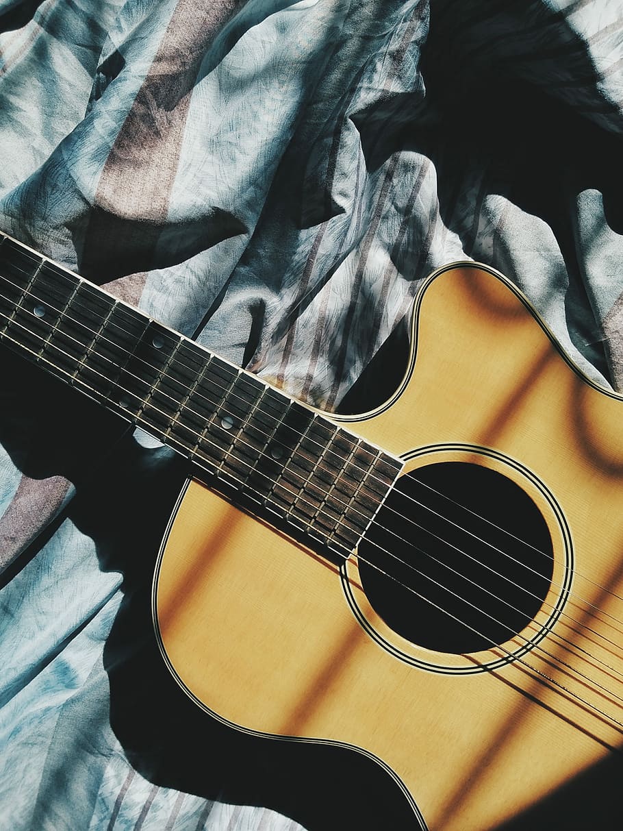 música., la vida., marró, solter, cutaway, acústic, guitarra, verd, drap, instrument, llit, shett, blau, llum solar, ombra, música, instrument musical, cadena, guitarra acústica, instrument de corda, equipament musical, cultura i entreteniment artístic, corda d’instruments musicals, a l'interior, primer pla, natura morta, vista d’angle alt, cap gent, material de fusta, instrument de vent de fusta, full, dia, instrument de vent, 2K