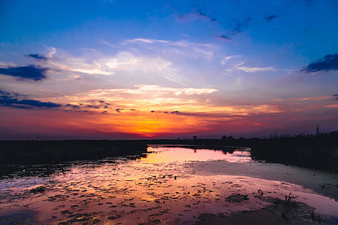 photography, body, water, sunset, seashore, sundown, dusk, sky, river, landscape, nature, clouds, reflection, tranquility, scenics, tranquil scene, beauty in nature, silhouette, cloud - sky, scenics - nature, orange color, no people, lake, idyllic, non-urban scene, beach, outdoors, romantic sky, 5K, CC0, public domain, royalty free