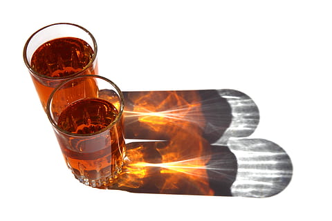 two, almost, full, shot glasses, Beverage, Cold, Cool, Cup, Drink, Fresh, cup, drink, glass, ice, isolated, liquid, reflection, refreshing, refreshment, tea, wet, yellow, white background, cut out, drinking glass, alcohol, studio shot, food and drink, still life, indoors, no people, close-up, glass - material, copy space, freshness, household equipment, transparent, orange color, food, red wine, 4K, CC0, public domain, royalty free