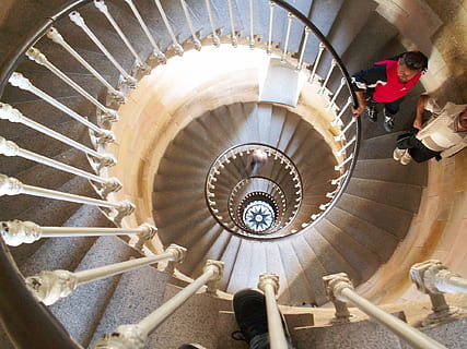 staircase, lighthouse, it re, side, france, atlantic, steps and staircases, spiral staircase, spiral, railing, architecture, indoors, high angle view, built structure, directly above, real people, adult, people, moving down, women, men, day, leisure activity, pattern, 1080P, CC0, public domain, royalty free