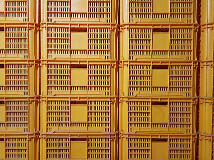 Container, Orange, Repeat, full frame, backgrounds, metal, pattern, yellow, indoors, no people, built structure, architecture, in a row, building, repetition, industry, square shape, day, construction industry, low angle view, large group of objects, safety, 4K, CC0, public domain, royalty free