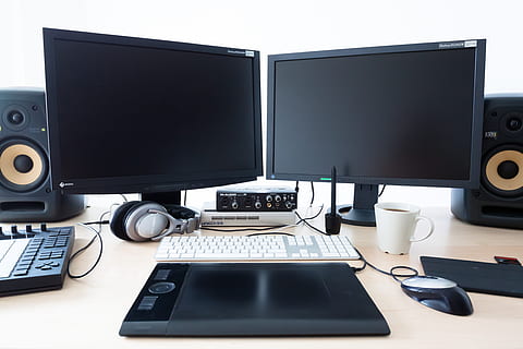 two, black, flat, screen computer, monitor, white, table, computer, calculator, workplace, keyboard, monitors, mouse, company, home office, office, graphics tablet, digital pen, graphic design, screens, pc, graphics station, cable, speakers, movie design, headphones, coffee, technology, computer keyboard, desktop pc, computer equipment, computer mouse, computer monitor, indoors, no people, furniture, desk, connection, business, communication, occupation, equipment, music, electrical equipment, 4K, CC0, public domain, royalty free