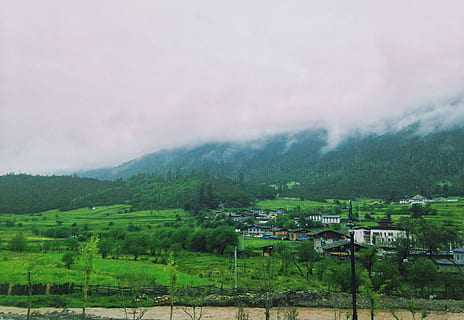 lhasa, Nyingchi, prærie, plante, træ, miljø, landskab, scenics - natur, arkitektur, bygget struktur, bjerg, bygning, skønhed i naturen, bygning udvendig, himmel, jord, grøn farve, natur, rolig scene, Mark, sky - himmel, ro, ingen mennesker, udendørs, 2K, CC0, offentligt domæne, royaltyfrie