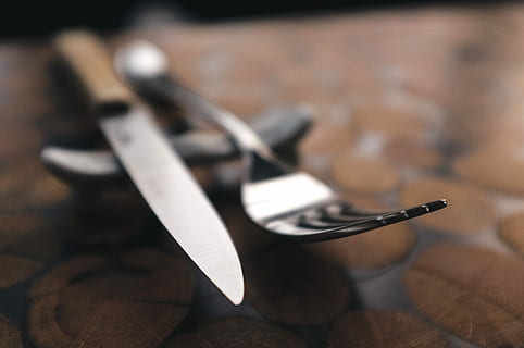steak knife, close, Fork, close up, kitchenware, restaurant, silverware, close-up, table Knife, wood - Material, table, kitchen Utensil, no people, work tool, indoors, day, eating utensil, scissors, household equipment, knife - weapon, sharp, knife, focus on foreground, selective focus, metal, steel, spoon, blade, social issues, alloy, 4K, CC0, public domain, royalty free