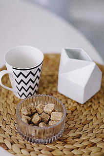 dessert, coffee, Sweet, table, cup, candy, tasty, sweets, confectionery, delicacy, food, brown, coffee - Drink, drink, breakfast, close-up, food and drink, milk, no people, mug, still life, coffee cup, freshness, indoors, refreshment, container, high angle view, sweet food, selective focus, focus on foreground, sugar cube, crockery, temptation, snack, 4K, CC0, public domain, royalty free