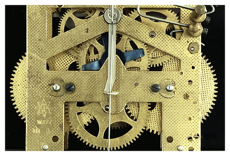 wheelwork, timepiece, time, copper, mechanics, pendulum, transfer print, close-up, no people, metal, auto post production filter, black background, indoors, pattern, yellow, security, safety, door, equipment, protection, studio shot, day, textured, technology, entrance, 1080P, CC0, public domain, royalty free