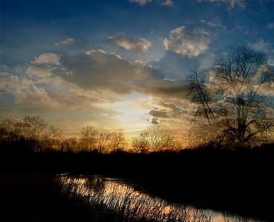 apă, reflecții, lumina soarelui, apus de soare, reflecții de apă, dramatic, pitoresc, albastru, natură, peisaj, ușoară, copac, vibrant, colorat, orizont, amurg, râu, nor, mediu inconjurator, lumină întunecată, scenics, în aer liber, cer, frumusețe în natură, o scenă liniștită, nor - cer, imagine color, siluetă, liniște, scenice - natura, plantă, nici o persoana, teren, scenă non-urbană, idilic, camp, 4K, CC0, domeniu public, fără drepturi de autor