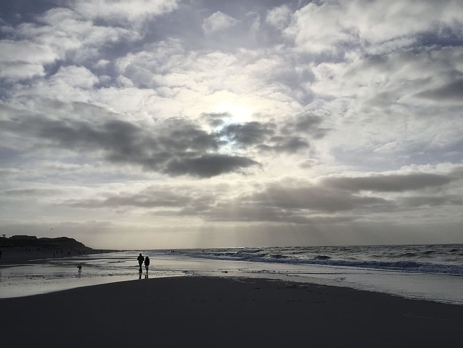 sylt, llum de fons, hivern, sol, naturalesa, paisatge, Costa, Alemanya del nord, Mar del nord, illa, mar, duplicació, banc, panorama, cel, visió, uwe dune, aigua, platja, kampen, núvol - cel, terra, bellesa a la natura, escenics - natura, persones reals, tranquil·litat, escena tranquil·la, silueta, horitzó sobre l’aigua, horitzó, estils de vida, de peu, persona irreconeixible, gent, a l'aire lliure, 2K