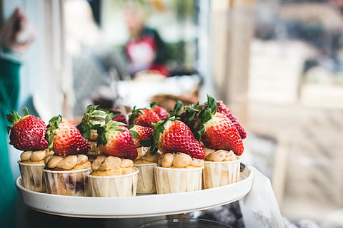 strawberries, top, Cupcakes, on top, dessert, outside, fruit, food, freshness, strawberry, summer, close-up, red, gourmet, food and drink, sweet food, berry fruit, healthy eating, focus on foreground, sweet, day, wellbeing, cake, market, store, business, ready-to-eat, incidental people, temptation, breakfast, snack, 4K, CC0, public domain, royalty free