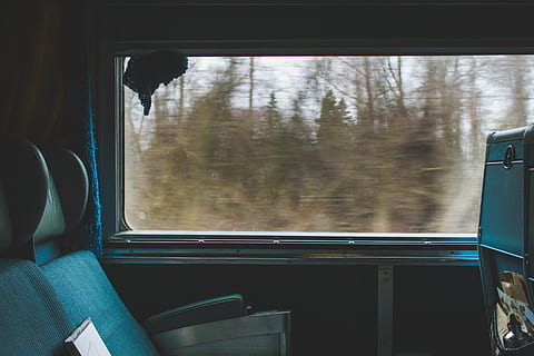 seats, train, travel, trees, view, window, vehicle interior, mode of transportation, rail transportation, transportation, glass - material, train - vehicle, public transportation, land vehicle, transparent, vehicle seat, day, no people, passenger train, indoors, journey, car, tree, railroad car, 4K, CC0, public domain, royalty free