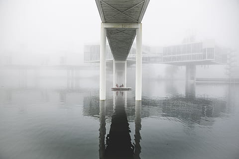 white, gray, concrete, bridge, pier, building, structure, construction, metal, steel, modern, contemporary, architecture, futuristic, house, office, lake, water, foggy, misty, stilt house, perspective, boat, refelction, fog, built structure, reflection, waterfront, bridge - man made structure, nature, connection, day, building exterior, no people, tranquility, transportation, tranquil scene, outdoors, sky, architectural column, office building exterior, skyscraper, 5K, CC0, public domain, royalty free
