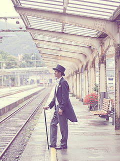groom, man, person, top hat, train station, walking stick, people, railroad Track, travel, one Person, men, train, railroad Station Platform, station, rail transportation, track, real people, railroad station, full length, transportation, public transportation, clothing, hat, lifestyles, day, adult, architecture, outdoors, waiting, 4K