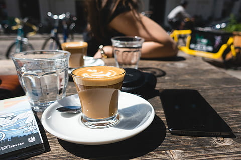 flatwhite, sunny, afternoon, Perfect, sunny afternoon, café, coffee, drink, outside, summer, coffee - Drink, cafe, table, cup, breakfast, business, food and drink, coffee cup, refreshment, glass, drinking glass, household equipment, still life, freshness, focus on foreground, saucer, food, crockery, frothy drink, mug, hot drink, no people, tray, latte, 5K, CC0, public domain, royalty free
